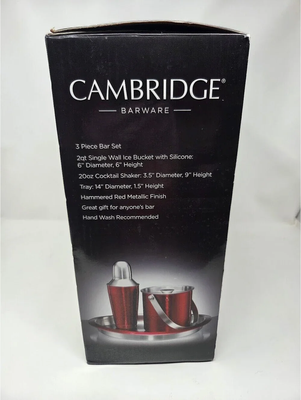 Cambridge Barware 3 Piece Bar Set Hammered Red Metallic Ice Bucket Shaker Tray